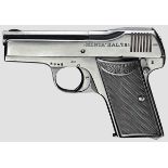 Pistole Menta, mit Tasche   Kal. 7,65 mm, Nr. 8778. Blanker Lauf. Siebenschüssig. Beschuss Krone/
