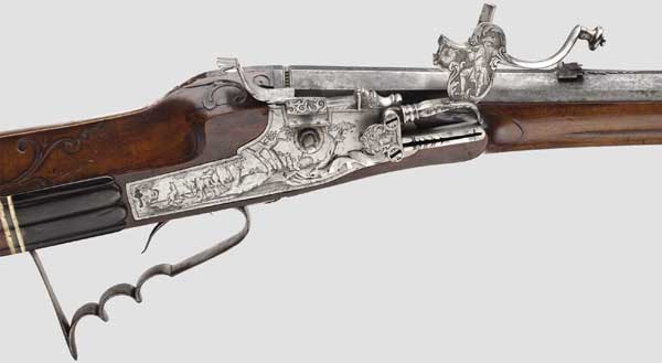 A heavy wheellock rifle, Balthasar Zellner in Salzburg, circa 1730   Heavy octagonal barrel, - Image 4 of 4