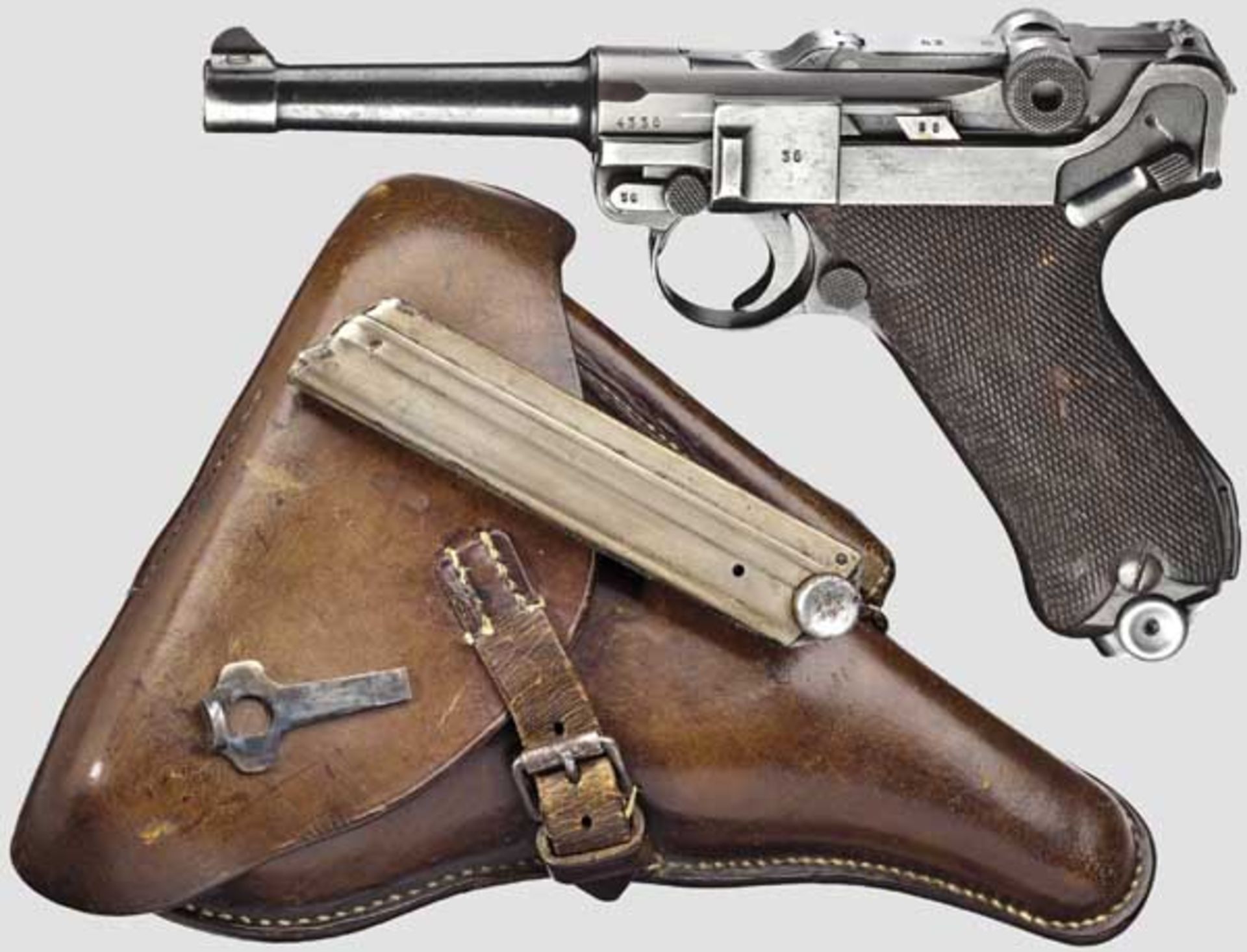 Pistole 08 Mauser, Code "1939 - 42", mit Koffertasche   Kal. 9 mm Para, Nr. 4336v. Nummerngleich