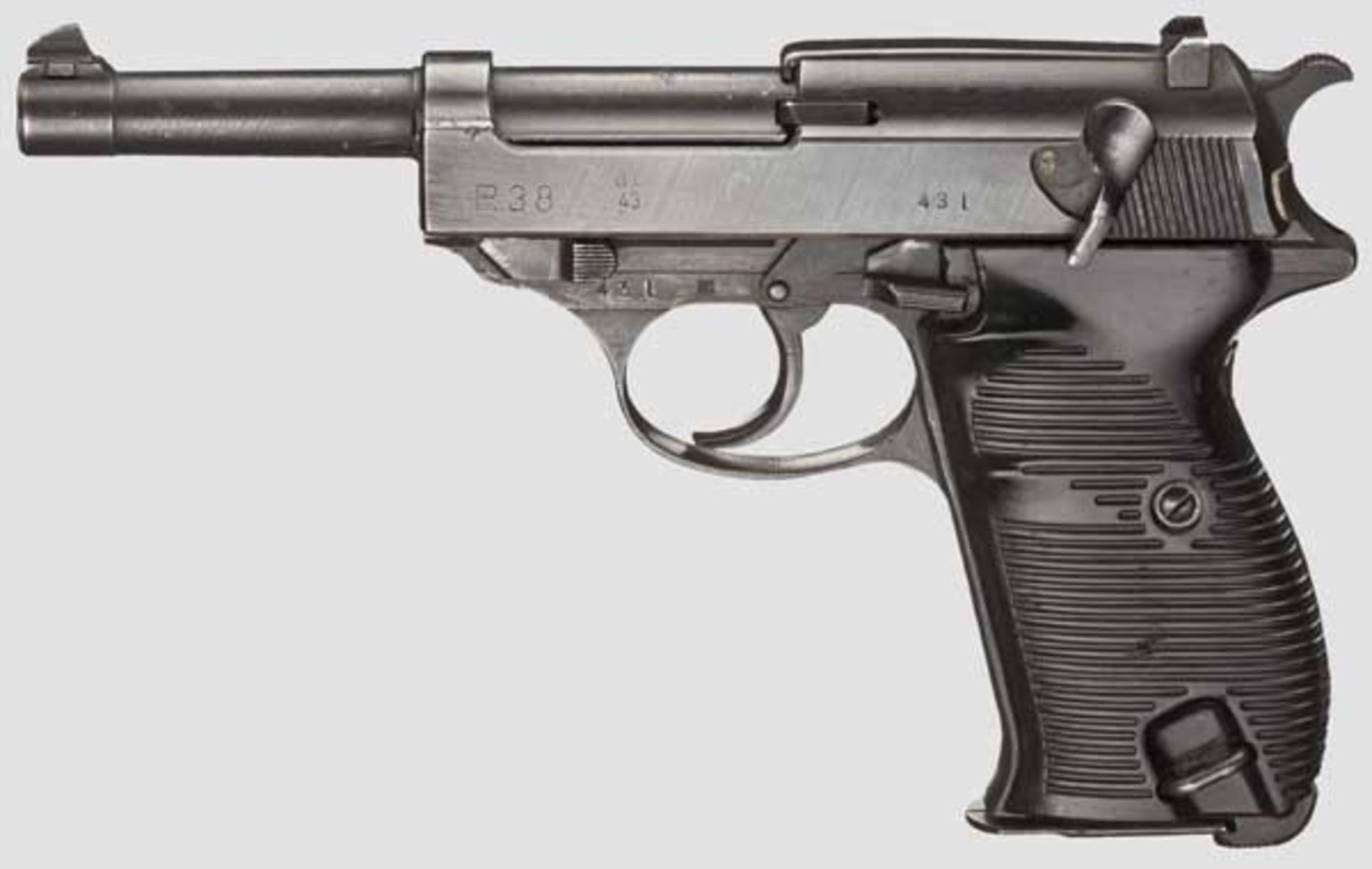 Walther P 38, Code "ac 43"   Kal. 9 mm Para, Nr. 43L (Großbuchstabe). Nummerngleich. Blanker Lauf.