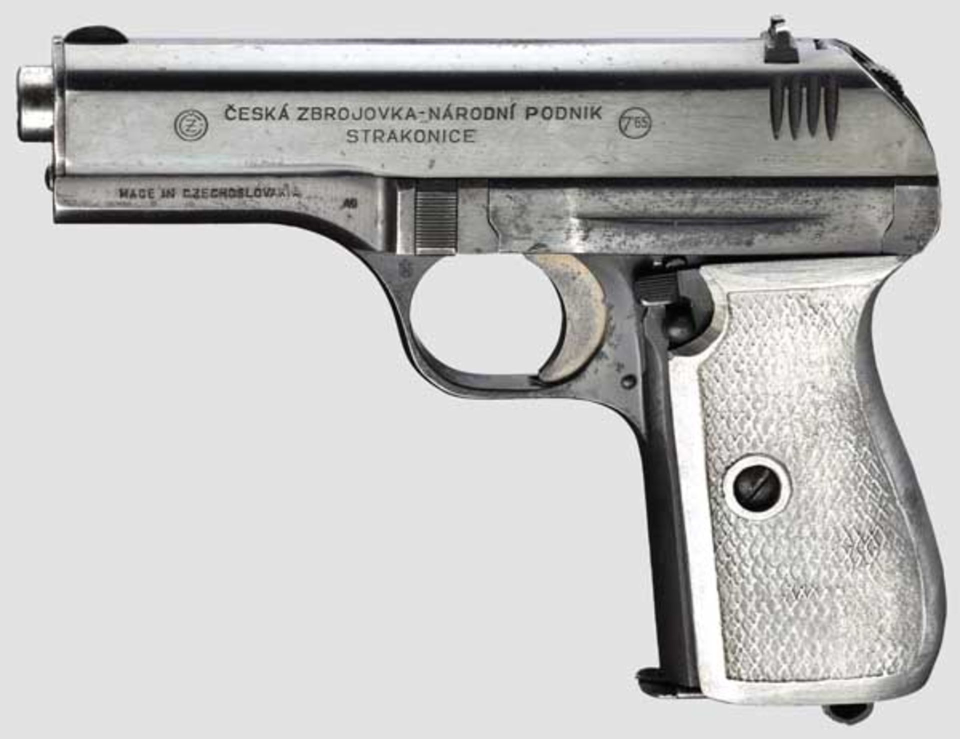 CZ Mod. 27, mit Tasche   Kal. 7,65 mm, Nr. 577938. Nummerngleich. Blanker Lauf. Siebenschüssig.