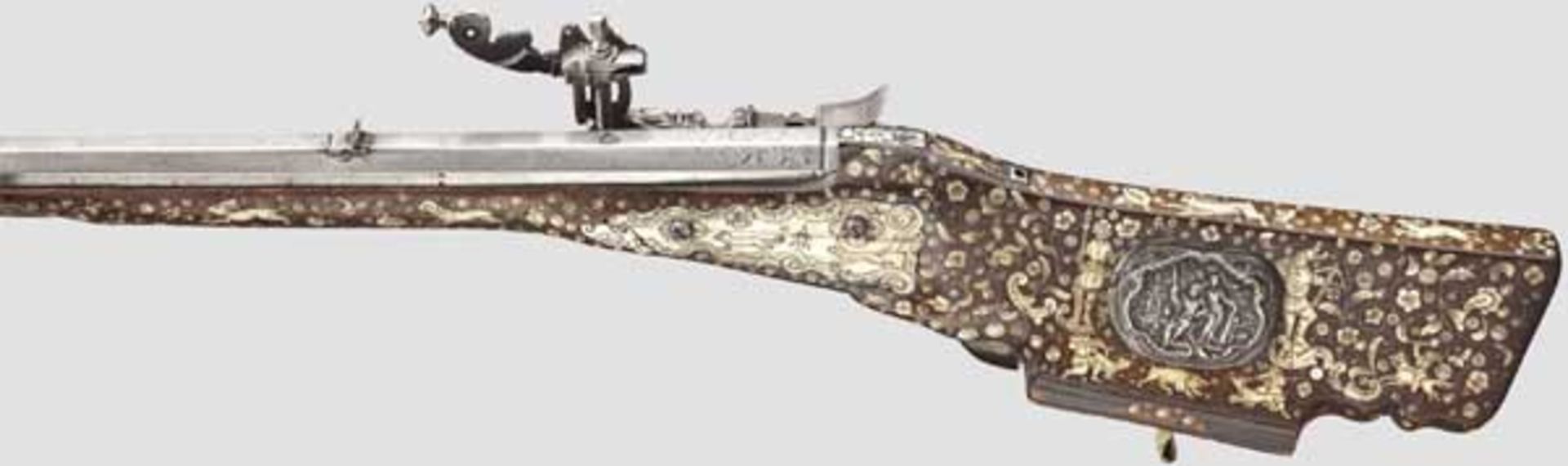 A German wheellock rifle, circa 1680, with bone inlays from historicism period   Octagonal barrel, - Bild 2 aus 4