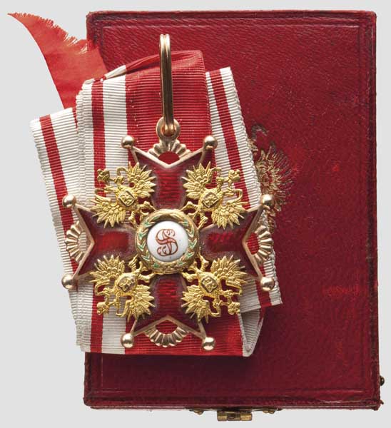 Orden vom Heiligen Stanislaus - Kreuz 2. Klasse von Albert Keibel im Etui   In mehrfarbigem Gold