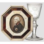 Friedrich der Große - Elfenbein-Portraitminiatur und Weinglas, Ende 19. Jhdt.   Aquarell auf