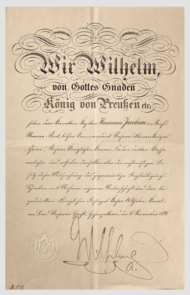 Admiral Hermann Jacobsen - Verleihungsurkunde zum Kronen-Orden 3. Klasse 1899   Doppelseitiges