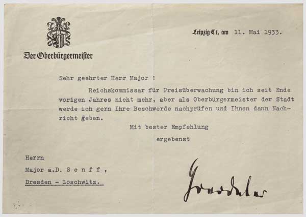 Carl Friedrich Goerdeler - signierter Brief als Oberbürgermeister von Leipzig 1933 Briefkopf mit