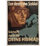 Plakat "Der deutsche Soldat kämpft auch für deine Heimat" Mehrfarbiger Druck. Kopf eines