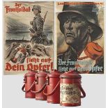 Zwei Plakate und vier Sparbüchsen Kriegswinterhilfswerk Plakat 2. KWHW 1940/41 "Der Frontsoldat