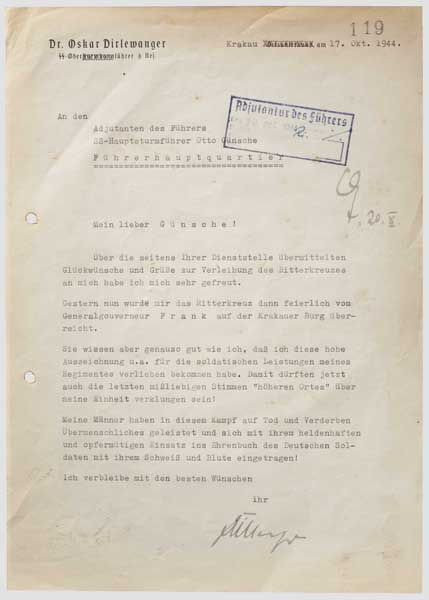 Schreiben Oskar Dirlewanger an Otto Günsche Maschinengeschriebener Brief mit Signatur in blauer