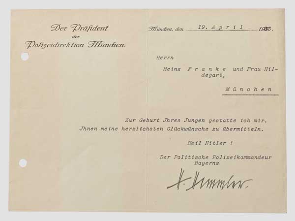 Heinrich Himmler - Geburtsglückwünsche als Politischer Polizeikommandeur Bayerns 1933 Briefkopf "Der