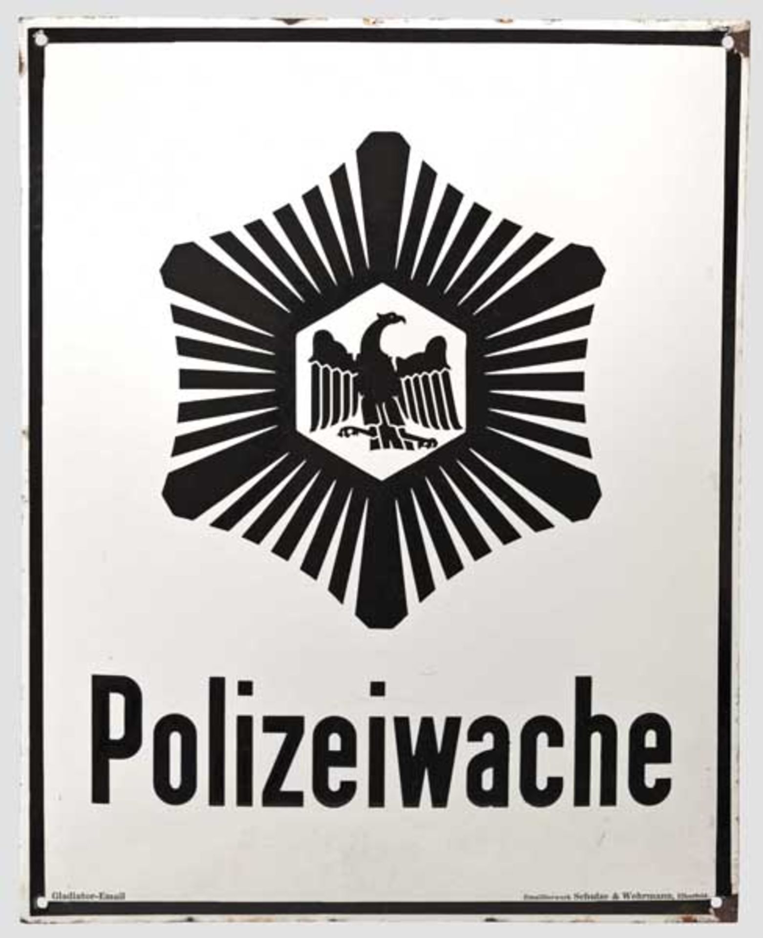Emailleschild "Polizeiwache", um 1920 Konvexes, weiß emailliertes Eisenschild mit schwarzer
