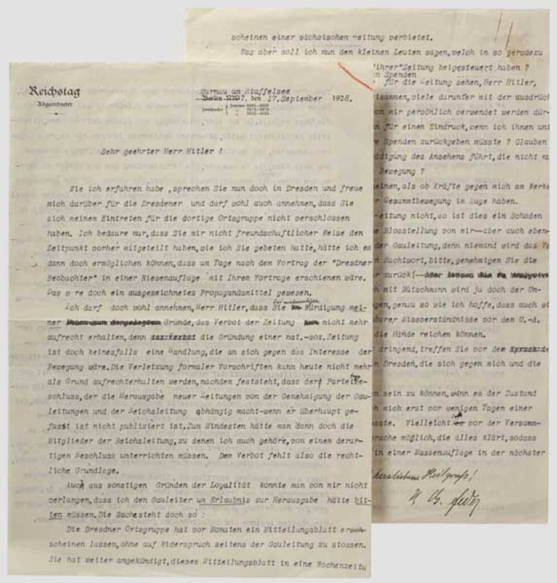 Gottfried Feder - ausführlicher Beschwerdebrief an Adolf Hitler 1928 Zwei Bögen mit Briefkopf "