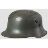 A lightweight steel child's helmet Field-grey painted body with damage and surface rust, brown