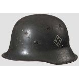 A lightweight steel helmet M 34, police 80 % smooth field-grey paint, black and white painted mobile