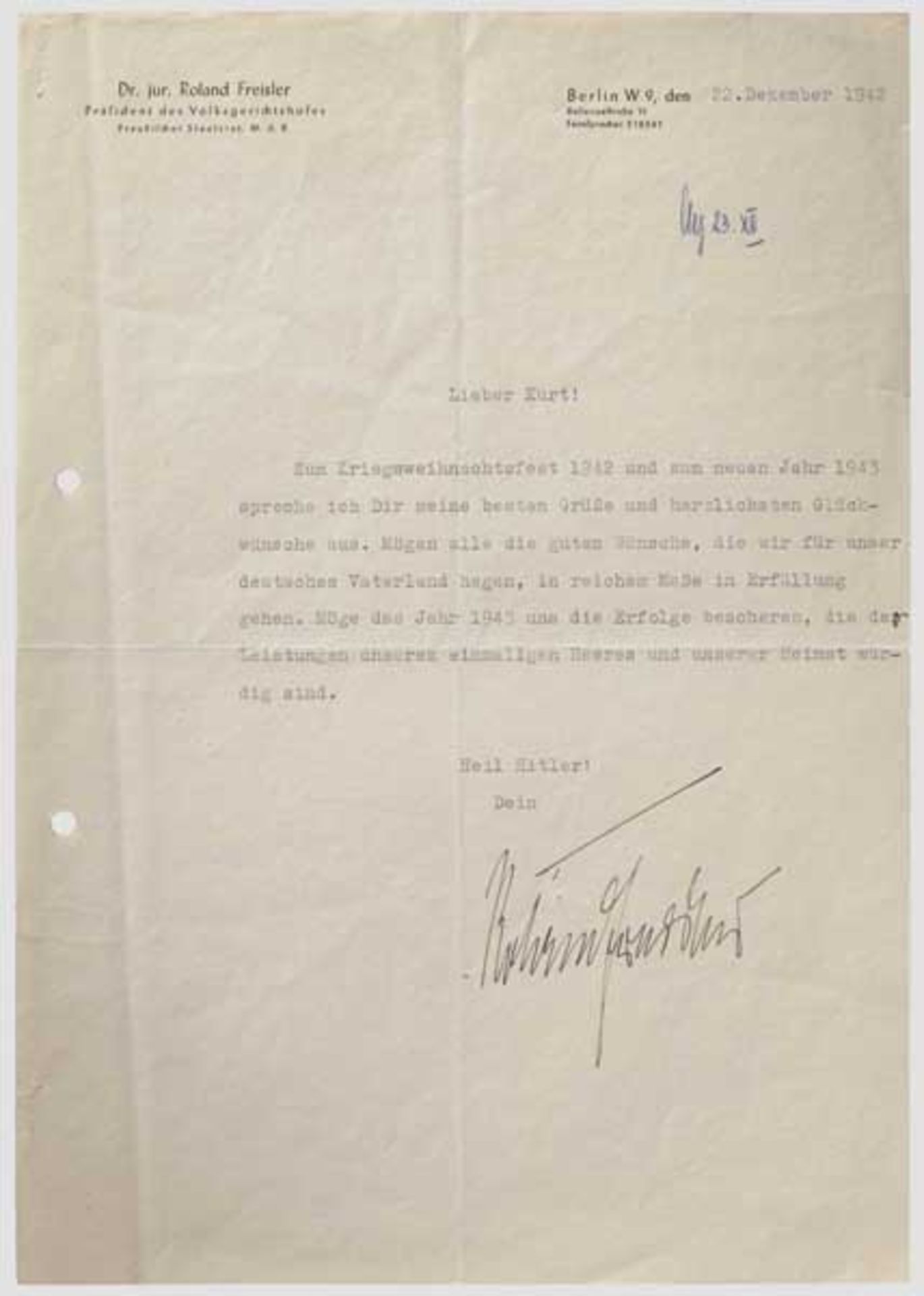 Roland Freisler - signierter Brief des Präsidenten des Volksgerichtshofes an Kurt Daluege, 1942
