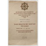 Verleihungsurkunde zum Deutschen Kreuz in Gold an den Stabsobermaschinisten Bruno Newerla 1942