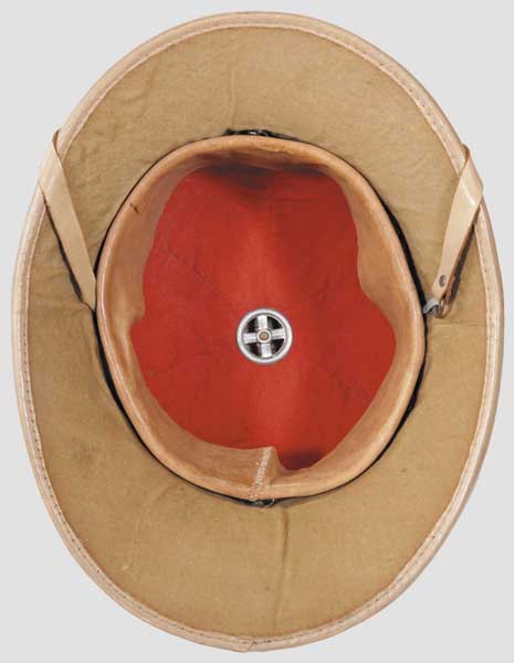 A tropical pith helmet, Luftwaffe Tan canvas covered intact cork body, brown leather trim and strap, - Bild 2 aus 2