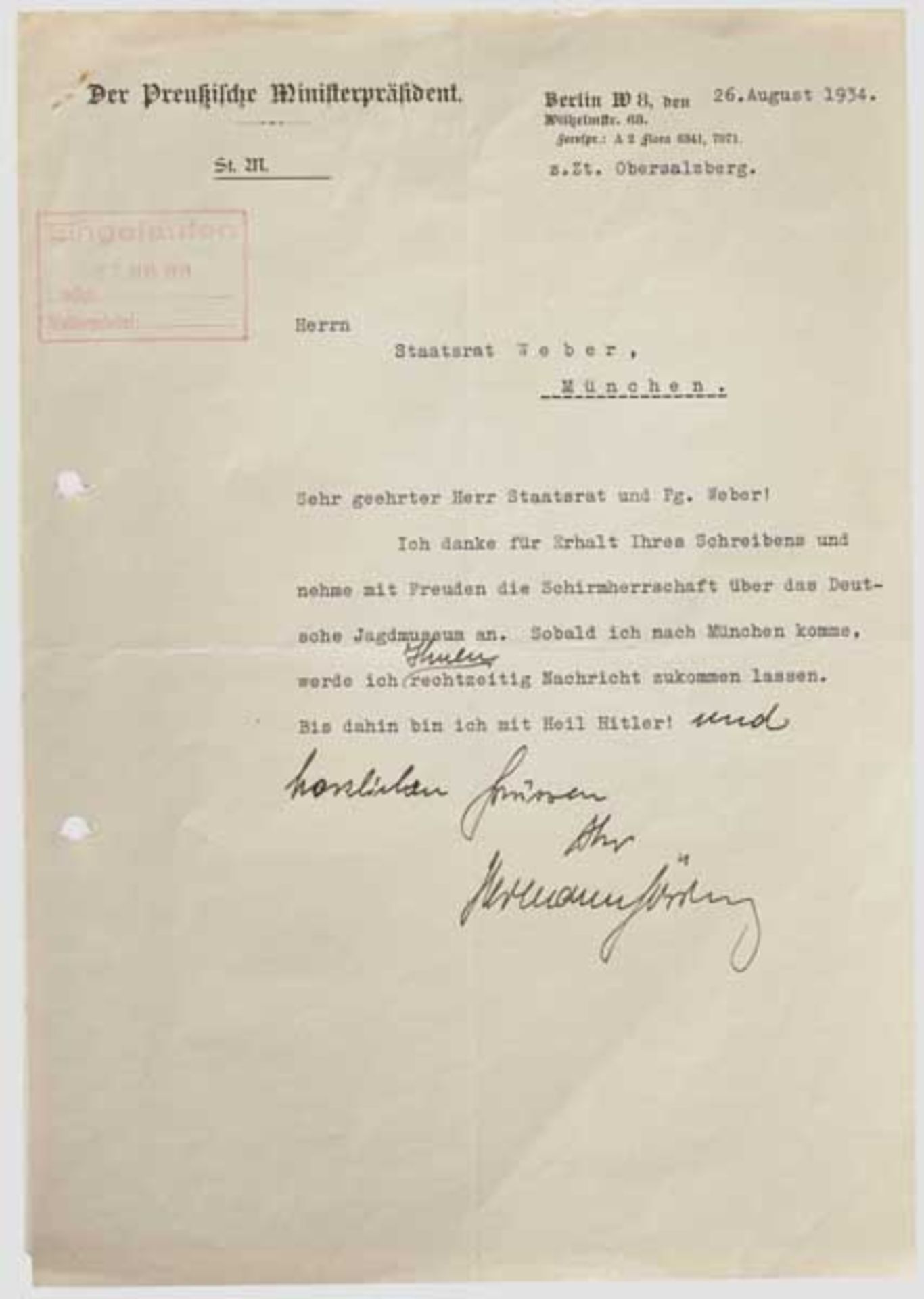 Hermann Göring - versöhnlicherer Brief an den Ratsherrn der NSDAP Christian Weber mit der Annahme