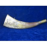BIG GAME HUNT DECORATED POWDER HORN.  A pressed horn gunpowder container from the Victorian era, one