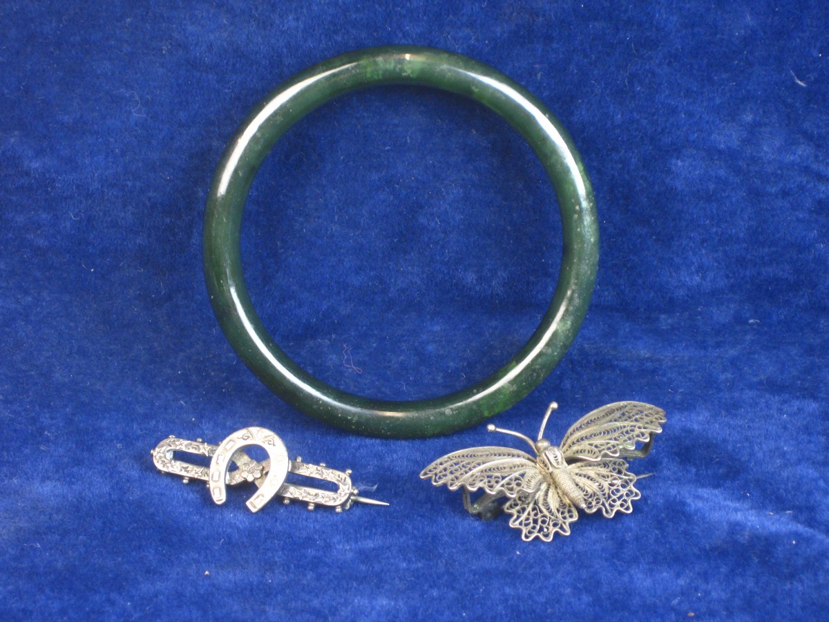 VICTORIAN BROOCHS + JADE BRACELET.   From the mid C19th a green polished jade ladies bracelet