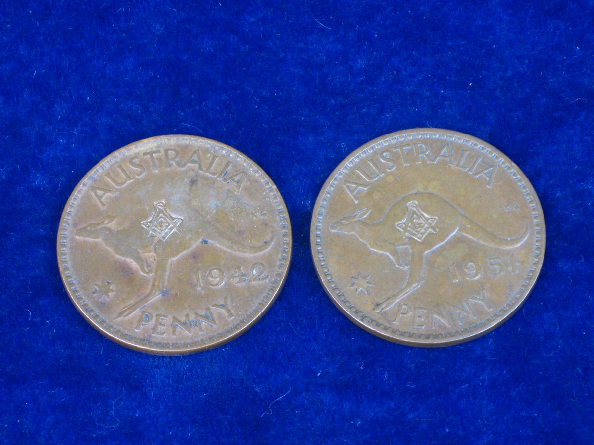 AUSTRALIAN MASONIC MARKED COINS.  A pair of Australian 1 penny coins dated 1942 and 1951 both