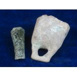 CELTIC BRONZE AGE CHISEL AND ANIMAL BELL.  A small Celtic bronze socketed chisel  2 1/8 inches in