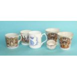 A miniature chamber pot with caricature of Mussolini, cracked, two mugs, two beakers and a mug for