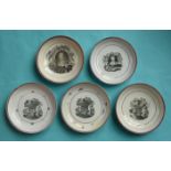 1817 Charlotte in Memoriam: five various pink lustre banded saucer dishes printed in black, each