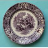 1860 Spanish Morocco War: a pottery plate by Adams of Tunstall printed in purple with a battle