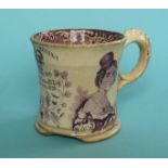 1838 Coronation: a Swansea pottery mug, the waisted body printed in purple with portraits centred by