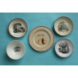 1817 Charlotte in Memoriam: a small bowl and three pink lustre banded saucers each printed in