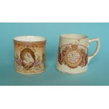 1897 Jubilee: a porcelain mug by Whiteley, the moulded body printed in brown and another by