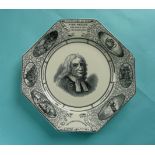 1891 John Wesley Centenary: an octagonal pottery plate by Challinor  commemorative,