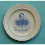 Napoleon Bonaparte: a pearlware plate printed in blue with a named portrait, circa 1820, 257mm