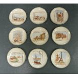 1889 Paris Exhibition: a set of eight French pottery plates by Choisy & Le Roi each printed in brown