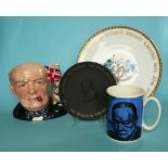 Winston Churchill: a Royal Doulton toby jug dated 1992, a plate for the 1974 centenary of birth, a