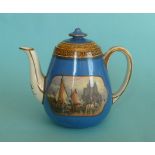 An oviform teapot and cover, blue ground, gold line decoration, 123 border, 160mm potlid, potlids,