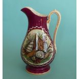 A baluster shaped jug: Shells (52B) maroon ground, gold line decoration and zigzag border, 225mm