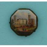 A small hexagonal pin cushion applied with a glass picture of Osborn House, circa 1880, 47mm