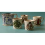 Two Commemorative mugs for 1902 coronation, two mugs for 1911 coronation and a blue printed mug with