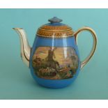 An oviform teapot and cover, blue ground, gold line decoration, 123 border, 140mm potlid, potlids,