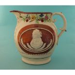 1821 Caroline: a pottery jug moulded with named portraits on a pink lustre cartouche and decorated