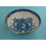 George III: a good pearlware bowl well printed in blue with superimposed named profiles and loyal