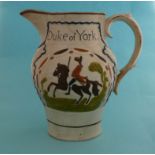 A 19th century Prattware jug moulded with named equestrian portraits of Duke of York and Prince