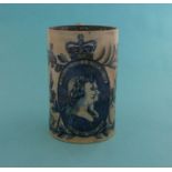 George III: a slender pearlware tankard printed in blue with superimposed named profiles and loyal