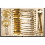 Teebesteck-Set, Frankreich, um 1900, Silber 800/000, vergoldet, 12 Teelöffel, Zuckerzange, -löffel