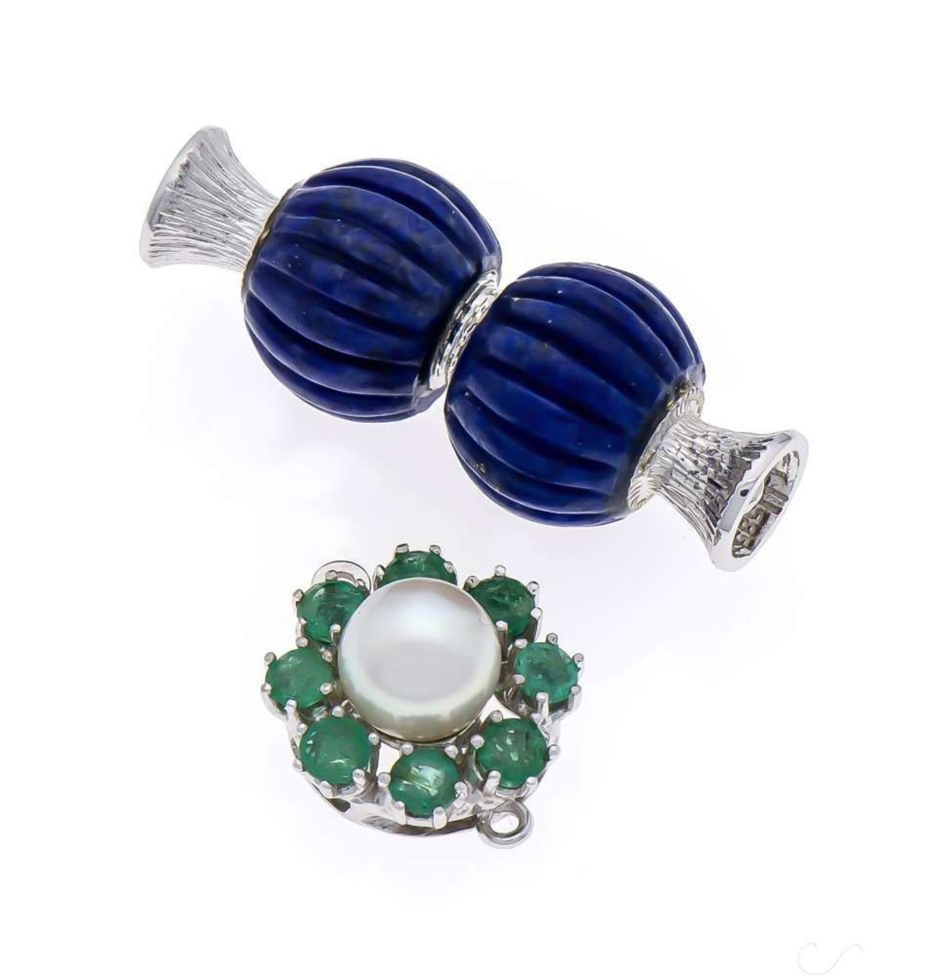 Perlenketten-Schließen WG 585/000 1 x mit Akoyaperle 7 mm und 8 rund fac. Smaragden in sehr guter