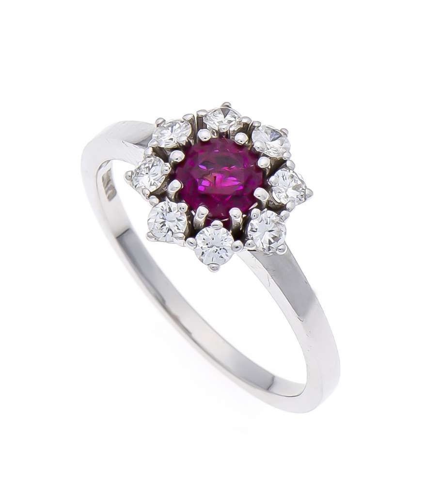 Rubin-Brillant-Ring WG 750/000 mit rund fac. feinen Rubin 0,76 ct in sehr guter Farbe und 8