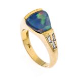 Opal-Brillant-Ring GG 750/000 mit einem feinen Schwarzopalcabochon 2,01 ct mit gutem Farbenspiel