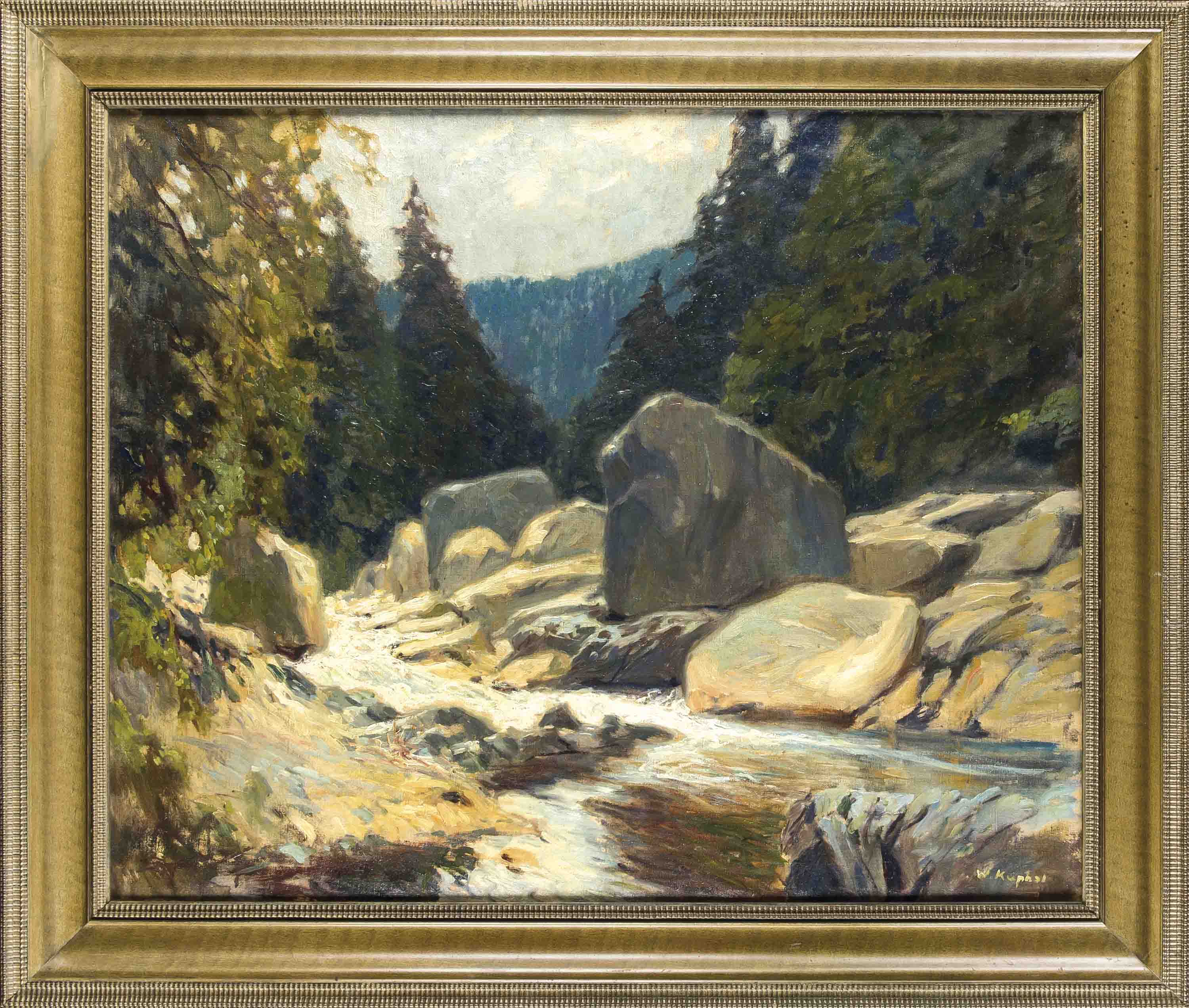 Walter Kuphal (1890-?), märkischer Maler, große Gebirgslandschaft mit Wildbach, womöglichim Harz, wo